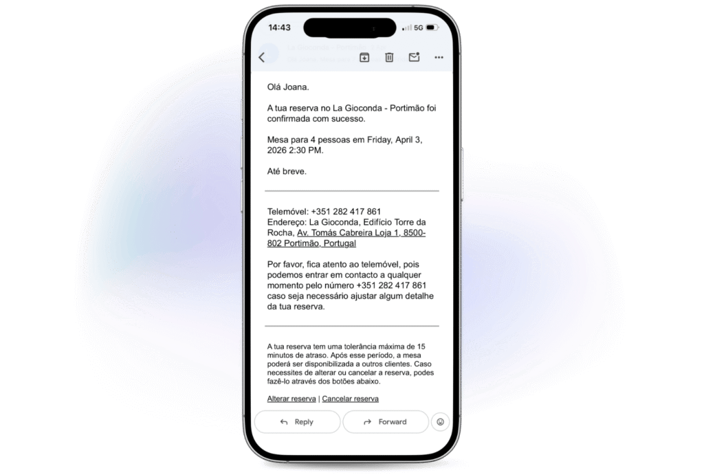 confirmação automática de reserva em restaurante enviada por email ao cliente