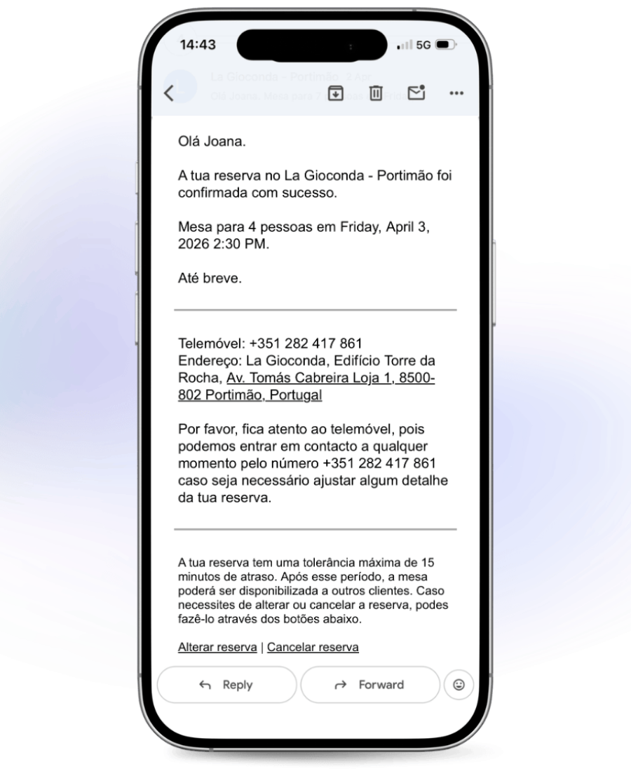 confirmação automática de reserva em restaurante enviada por email ao cliente